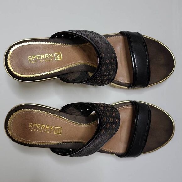 Sperry Top Sider Leather Wedges Eyelet Sisal Rope Slide On Sandals Tan Brown - Picture 1 of 16